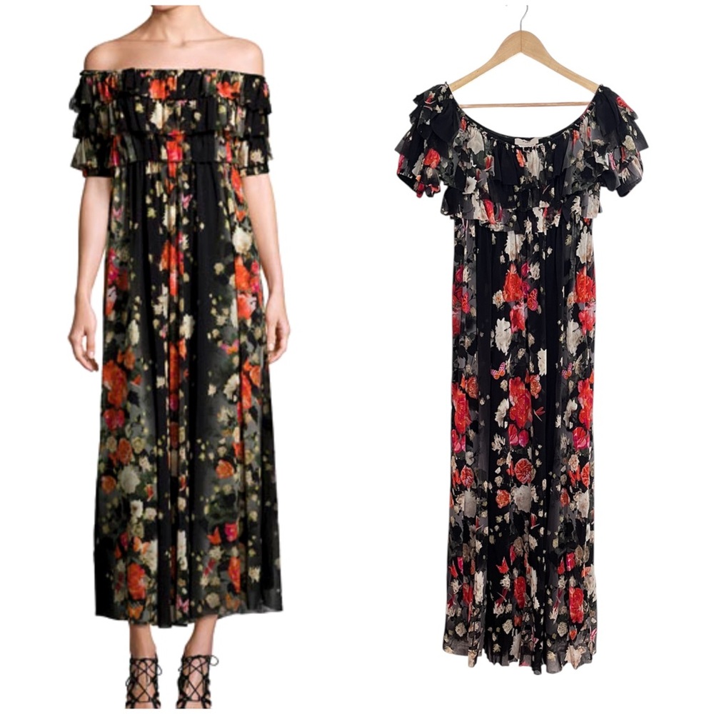 FUZZI Black Floral Mesh Tulle Off the Shoulder Midi Dress Medium